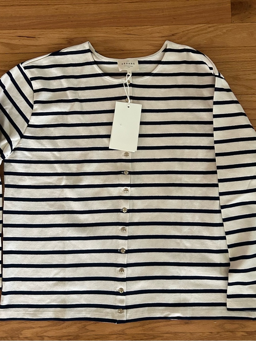 Sezane White and Navy Striped Buttons Sweater Top NWT